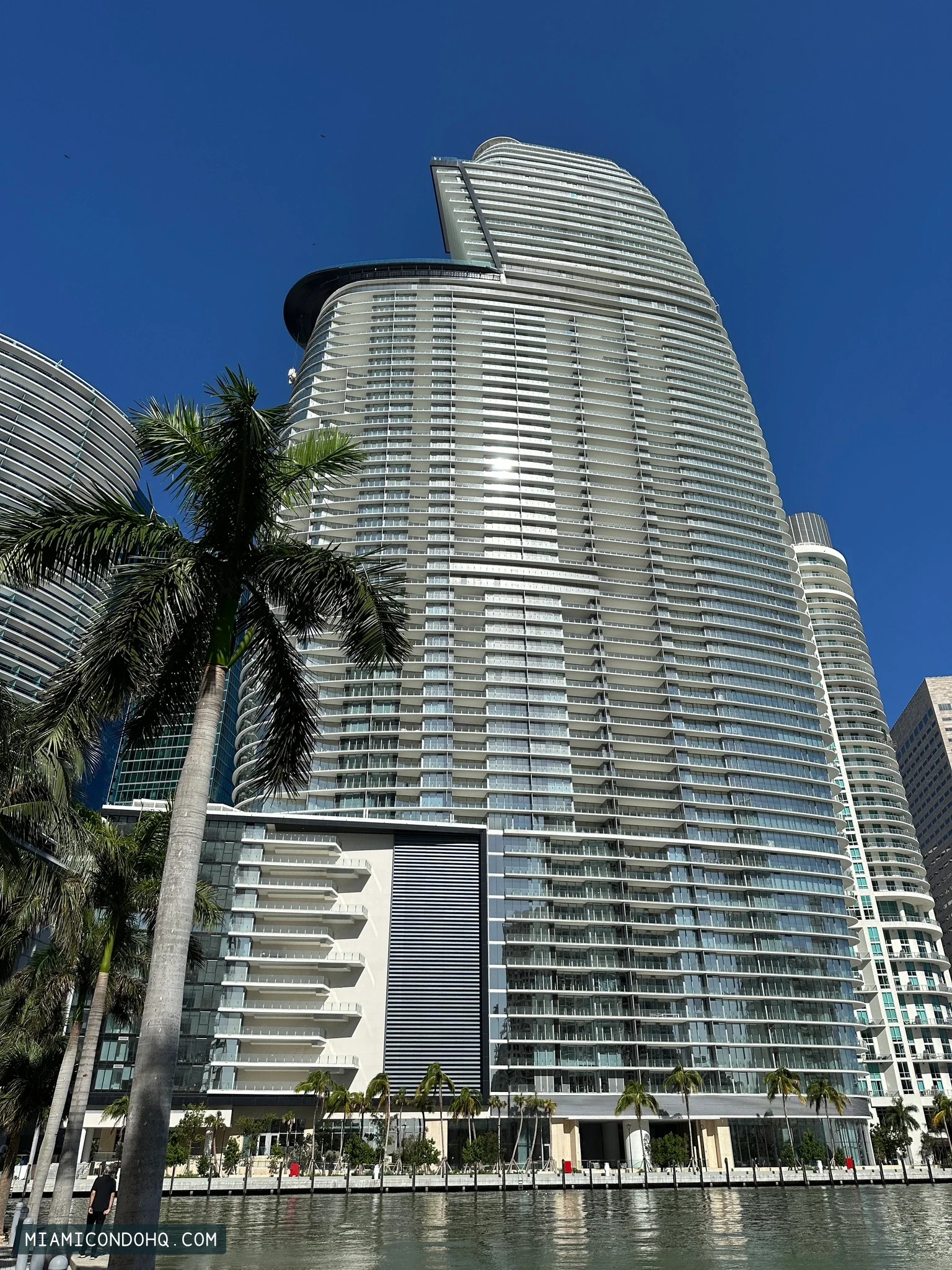 Aston Martin Residences and its curved upper floors, photographed across the Miami River on November 15, 2024.