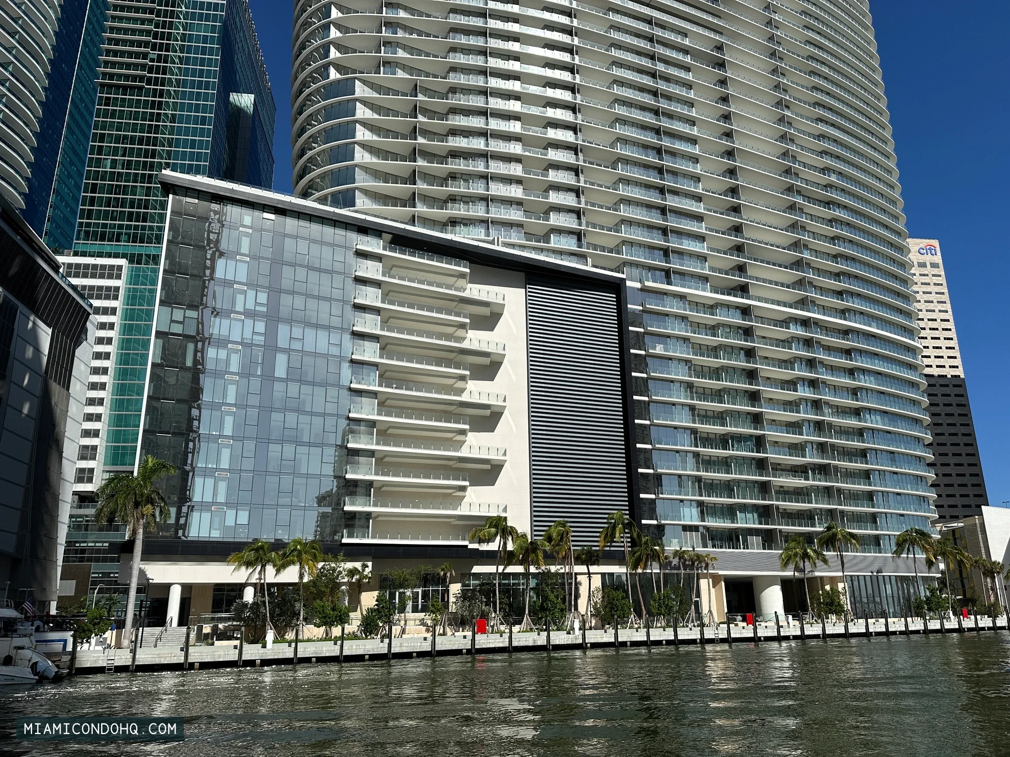 The lower facade and waterfront promenade of Aston Martin Residences on November 15, 2024.