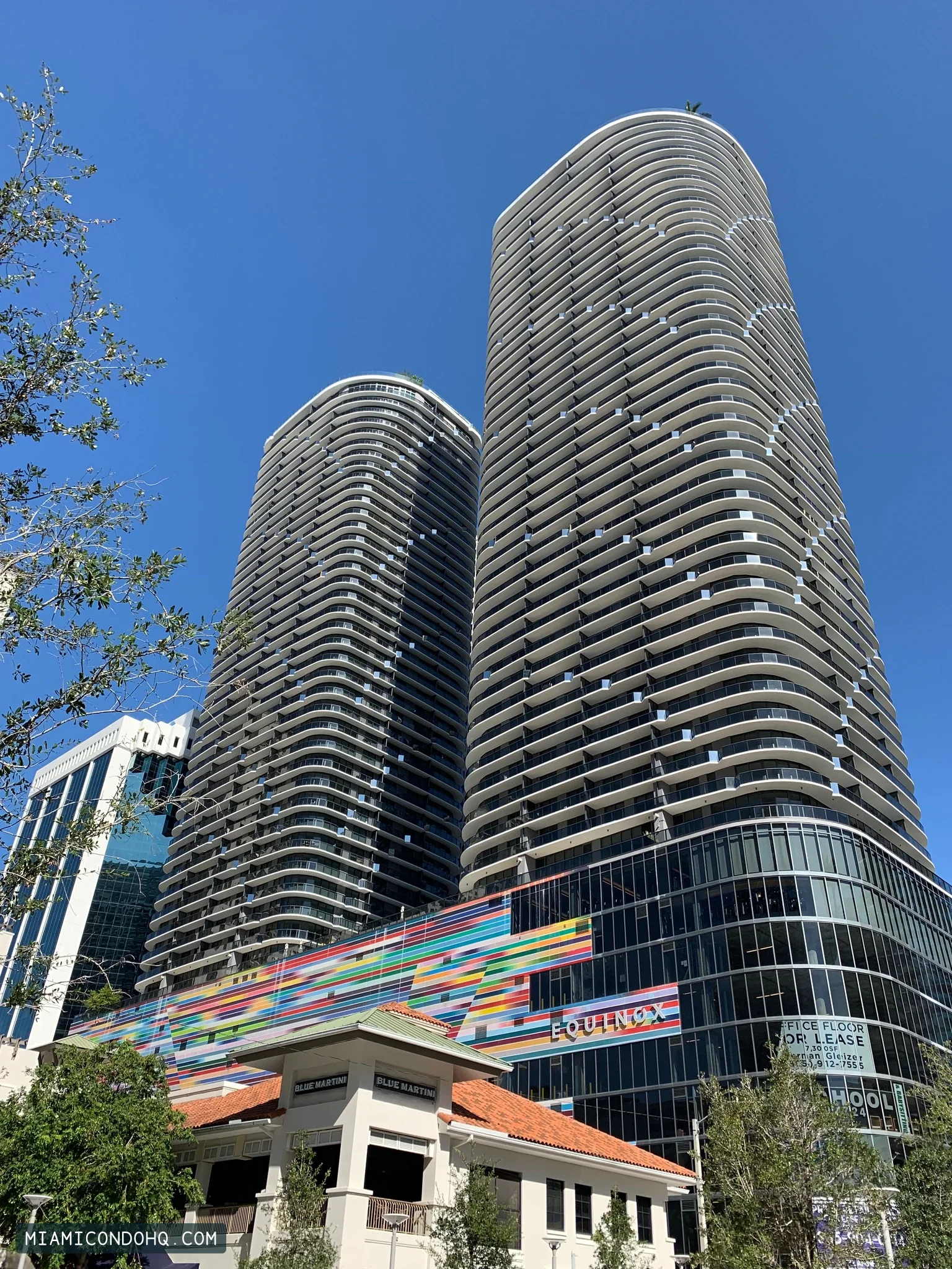 Brickell Heights’ two towers and colorful podium, photographed September 16, 2019.