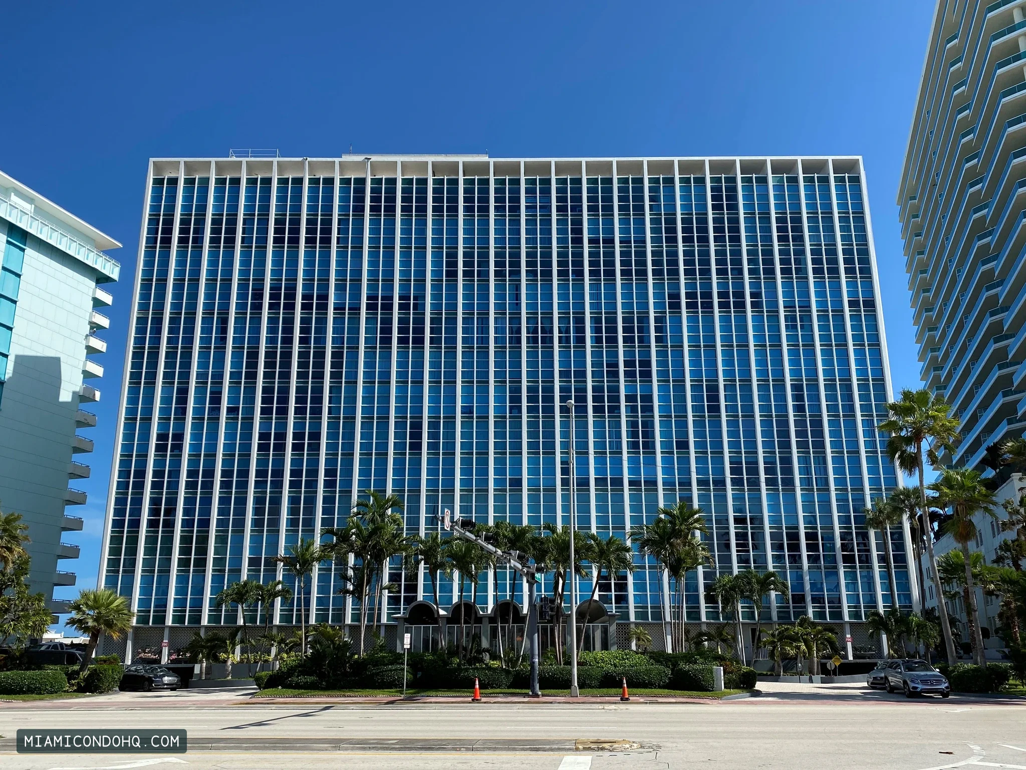 Crystal House’s gridded facade and sculptural entrance canopy in Miami Beach, photographed in January 2020.
