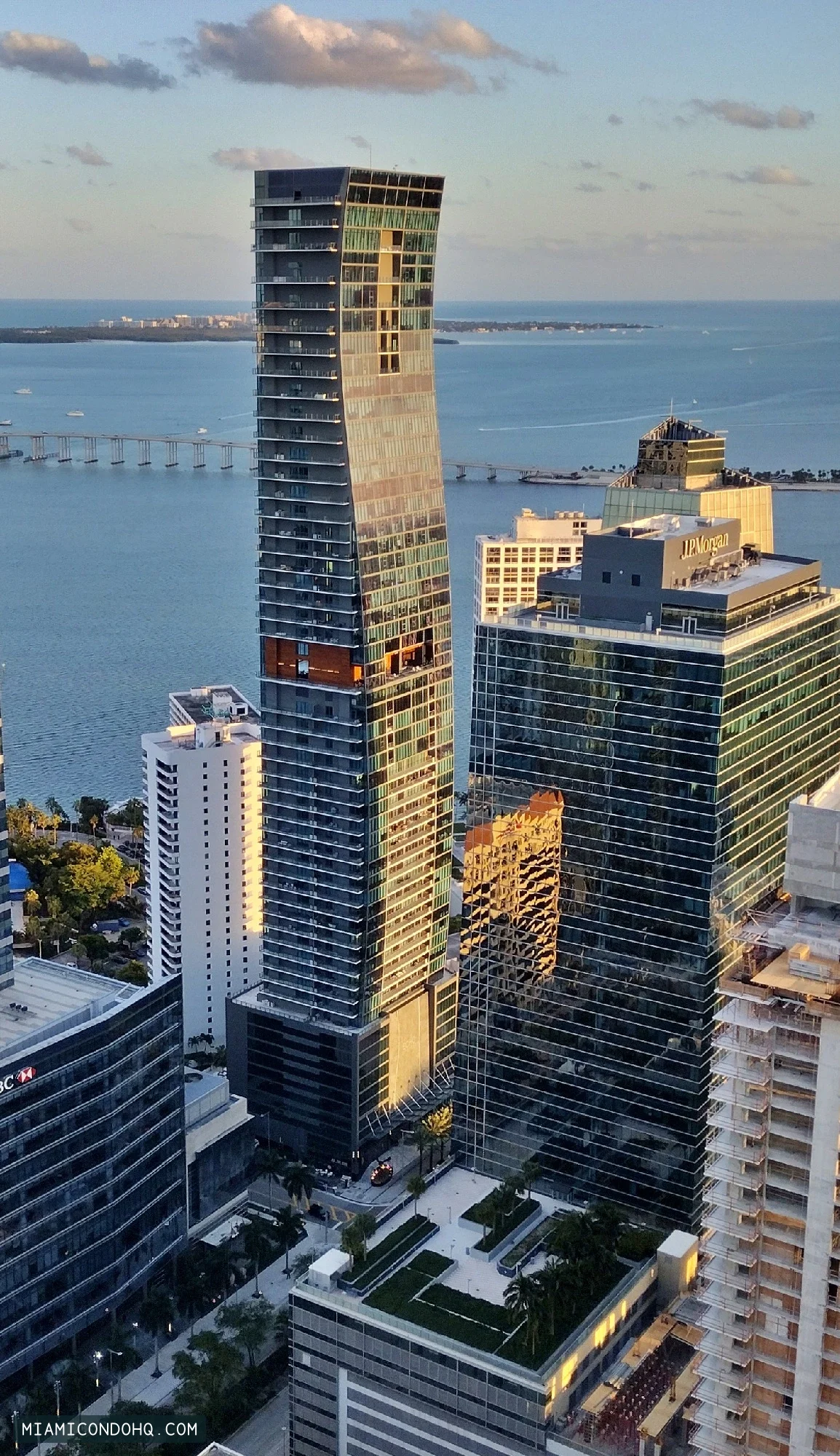 Echo Brickell’s completed tower, photographed on March 29, 2024, with Biscayne Bay in the background.