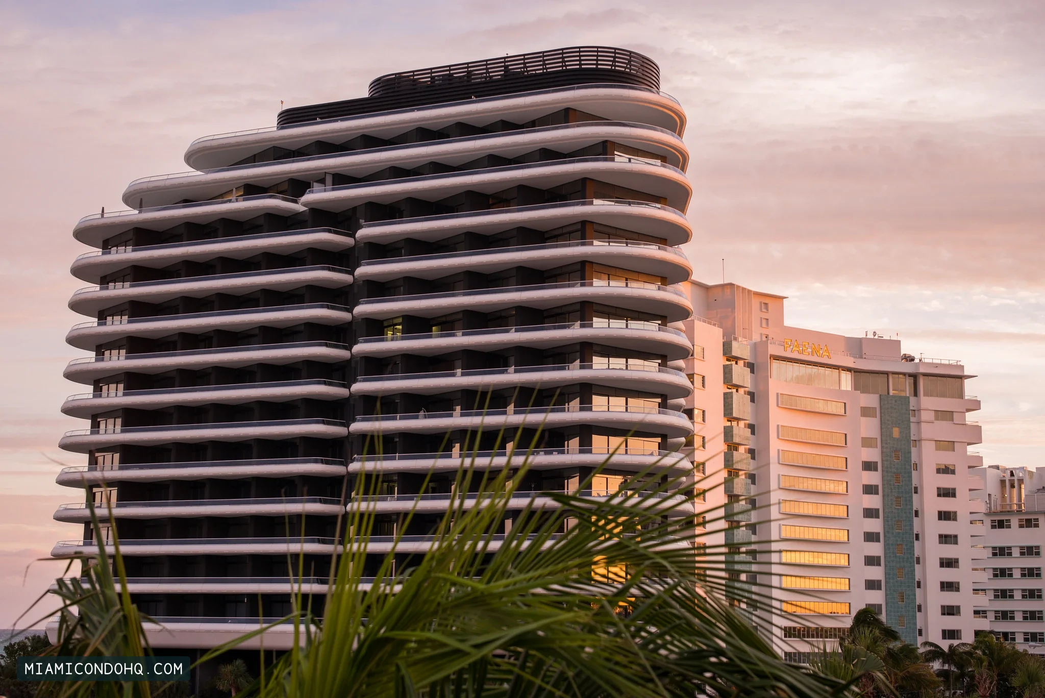 Faena House’s rounded balconies at left, with the adjacent Faena Hotel at right, photographed in December 2016.