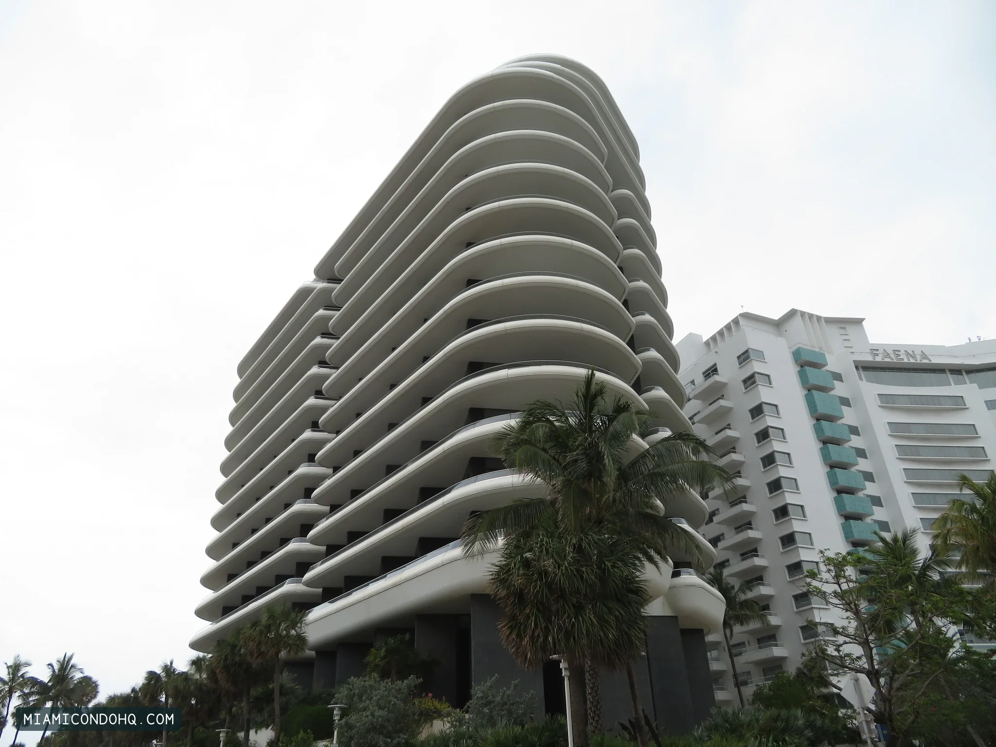 Faena House’s rounded balcony facade in Miami Beach, photographed in April 2021.
