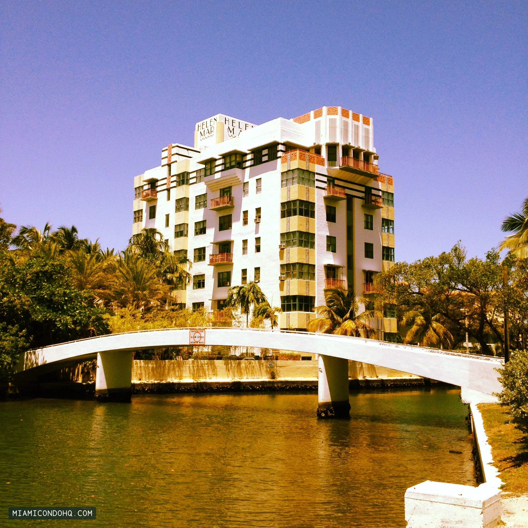Helen Mar’s Art Deco facade and the pedestrian bridge over Collins Canal, photographed April 18, 2012.
