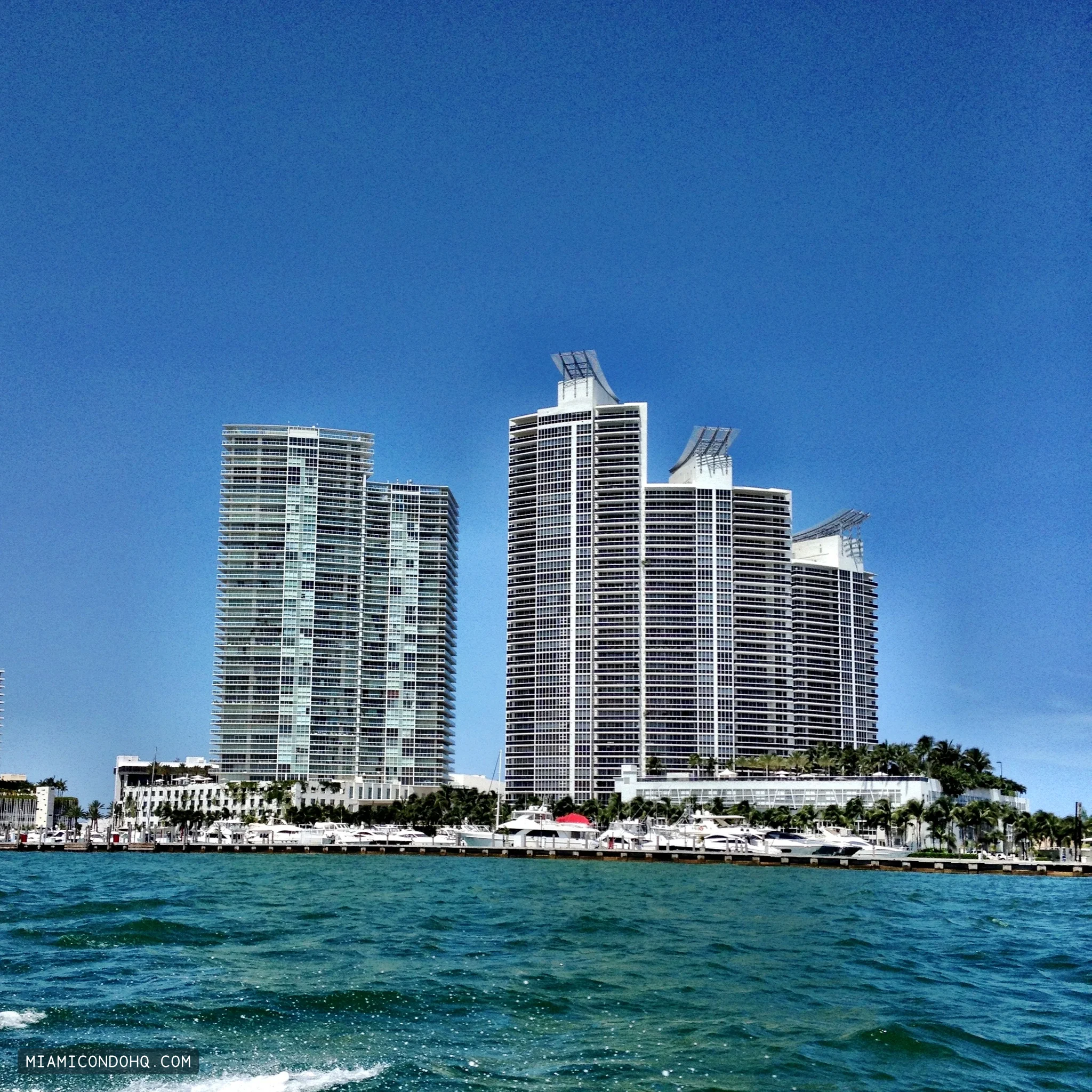 Murano Grande is on the right and Icon South Beach on the left in this waterfront photograph from September 3, 2012.