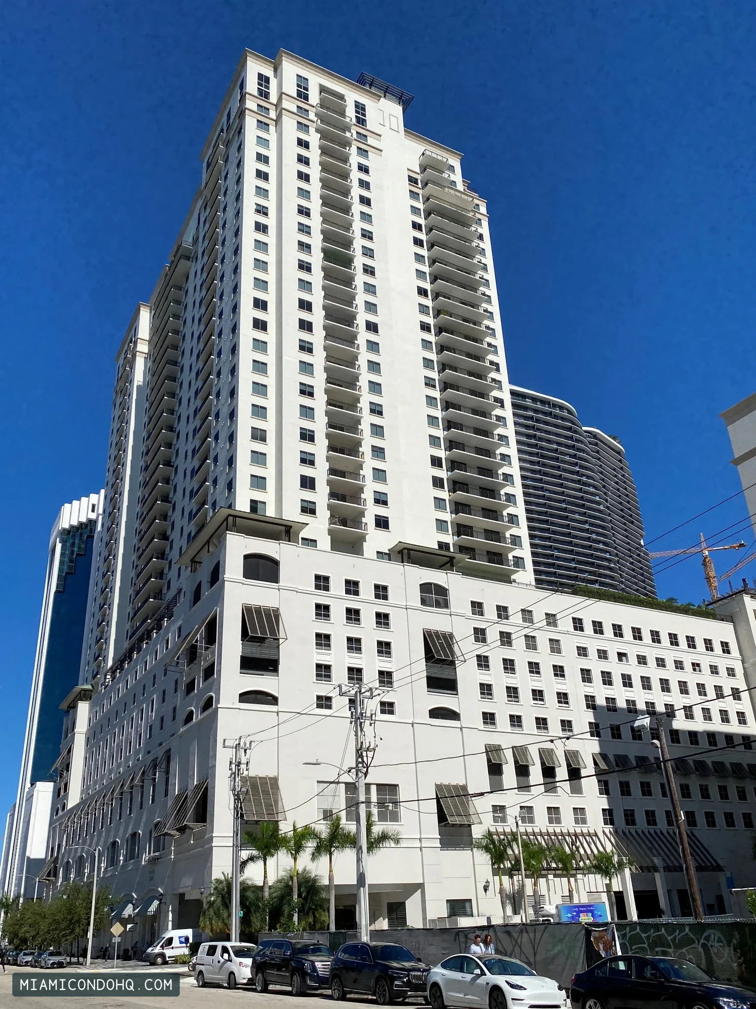 NINE at Mary Brickell Village’s pale tower and podium, photographed in November 2021.