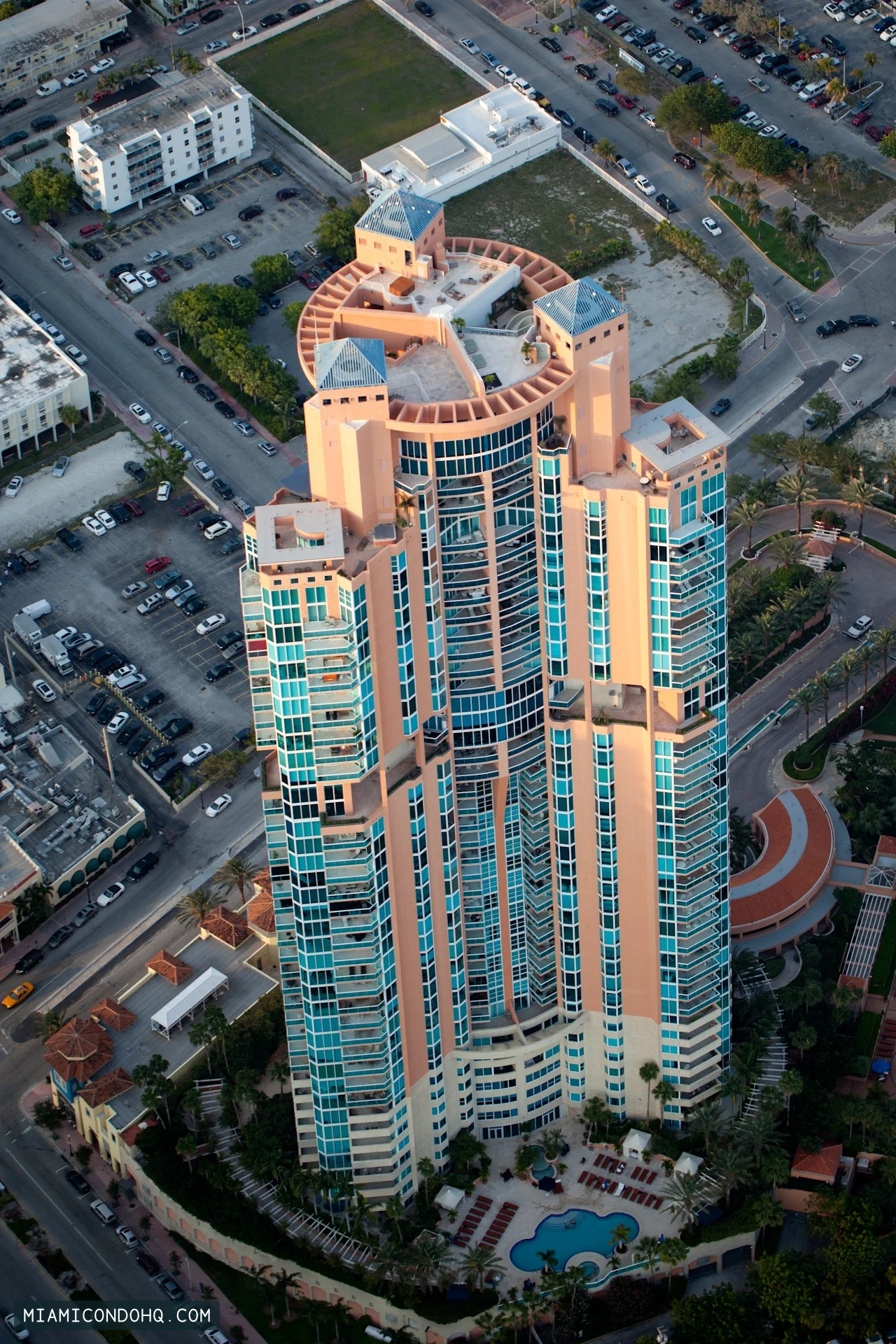 Portofino Tower’s pink facade and blue roof turrets from above, photographed in May 2011.