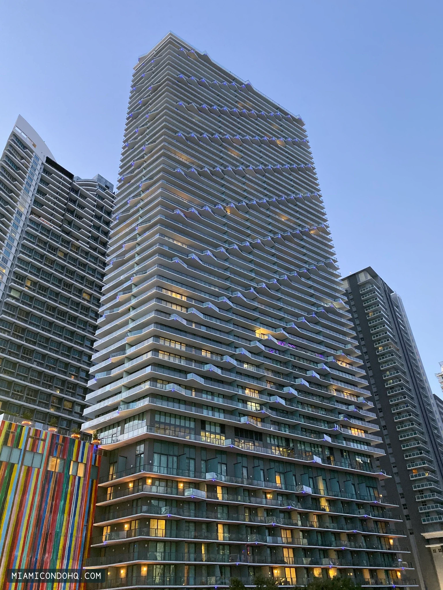 SLS Brickell’s facade at dusk, photographed in October 2019.