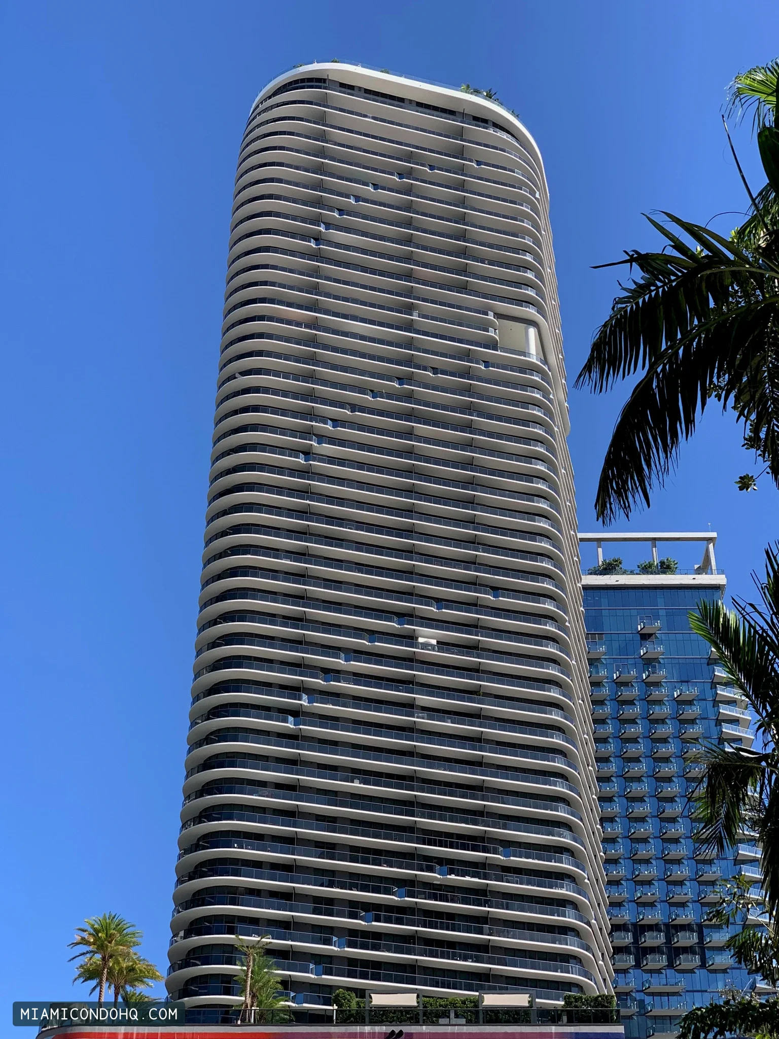 SLS Lux Brickell’s rounded tower against a blue sky on September 16, 2019.