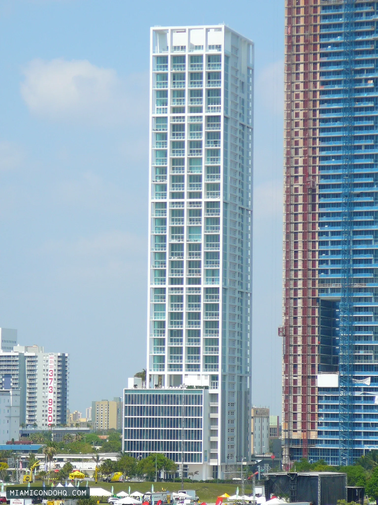 Ten Museum Park, the white-framed tower at center, photographed in May 2008.
