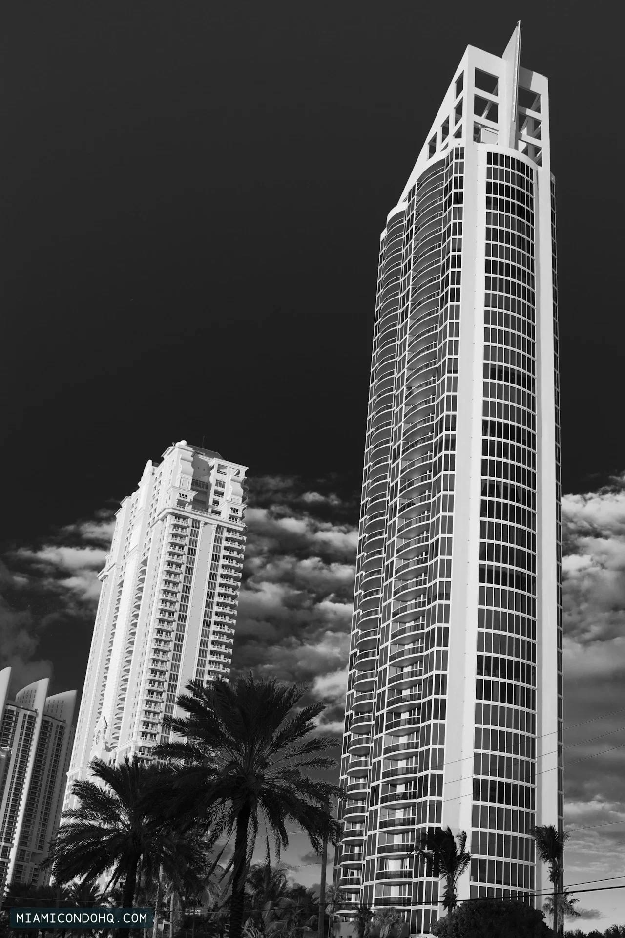 Black-and-white view of Pinnacle at right, showing its pointed open roof framework, photographed in November 2010.