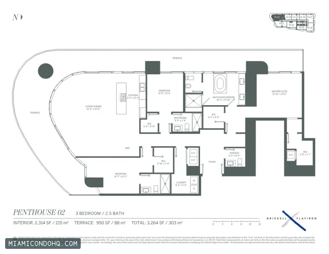Brickell Flatiron floor plan Penthouse 02 · 3 bedrooms