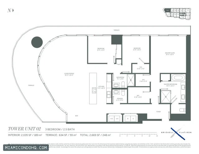 Brickell Flatiron floor plan Unit 02 · 3 bedrooms