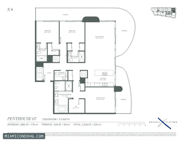 Brickell Flatiron floor plan Penthouse 07 · 3 bedrooms