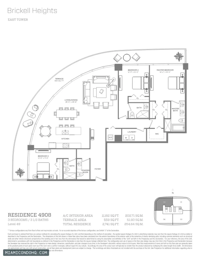 Brickell Heights floor plan Residence 4908 · 3 bedrooms