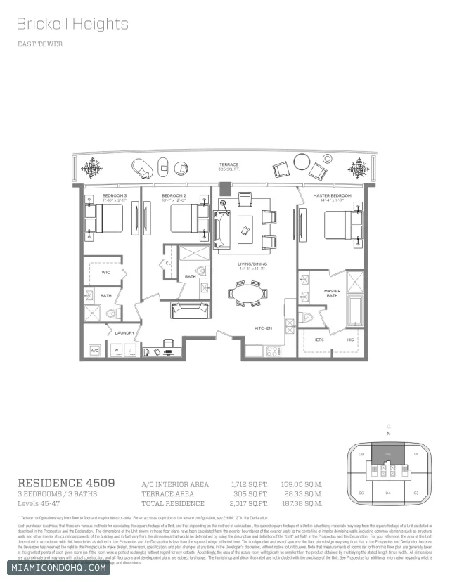 Brickell Heights floor plan Residence 4509 · 3 bedrooms