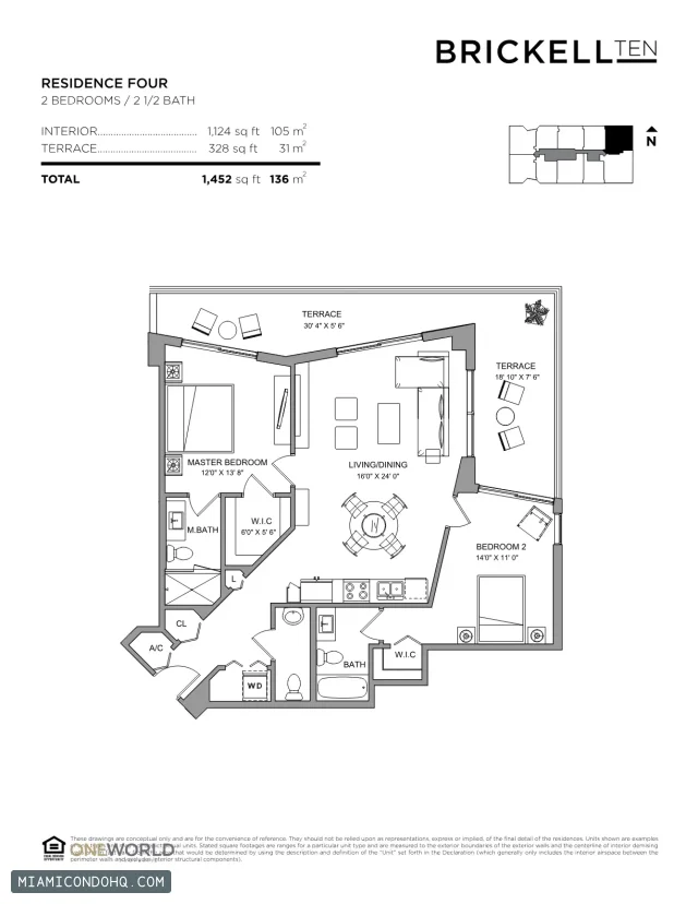 Brickell Ten floor plan 2 bedrooms