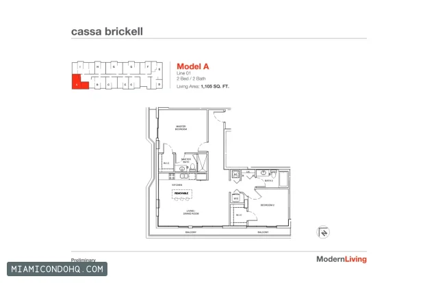 Cassa Brickell floor plan 2 bedrooms
