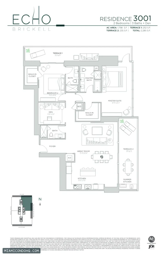 Echo Brickell floor plan Residence 3001 · 2 bedrooms