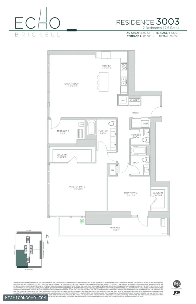 Echo Brickell floor plan Residence 3003 · 2 bedrooms