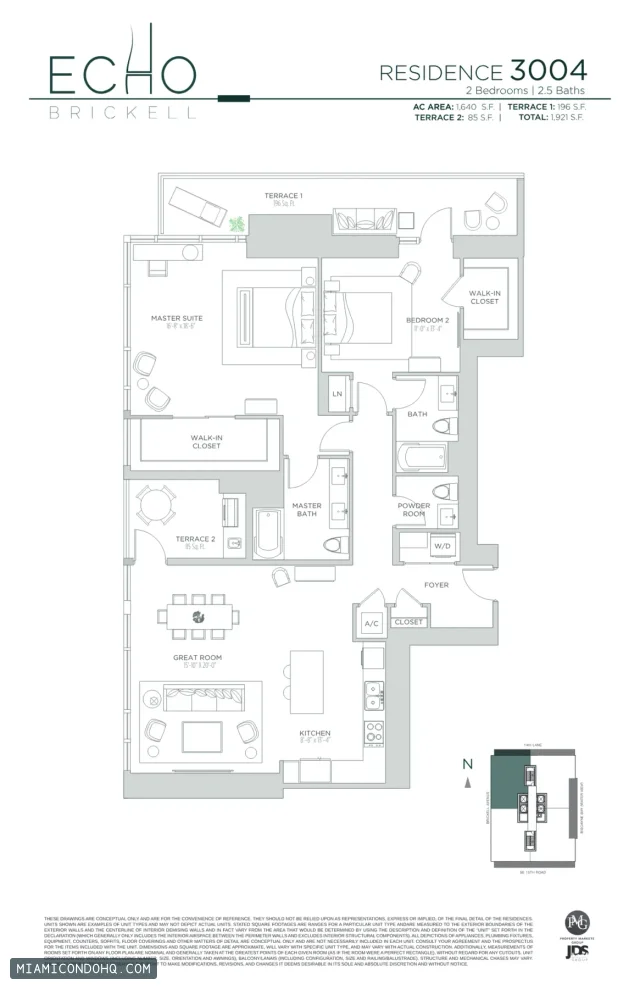 Echo Brickell floor plan Residence 3004 · 2 bedrooms