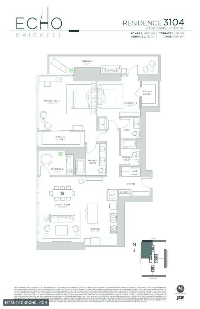 Echo Brickell floor plan Residence 3104 · 2 bedrooms