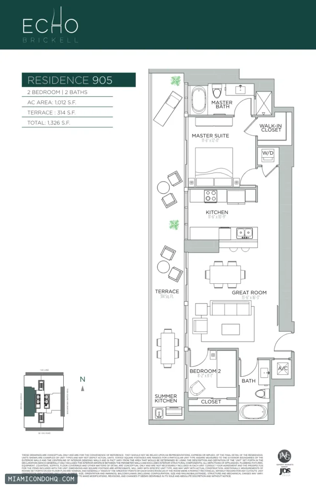 Echo Brickell floor plan Residence 905 · 2 bedrooms
