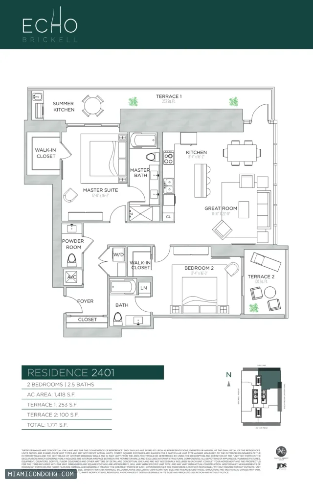 Echo Brickell floor plan Residence 2401 · 2 bedrooms
