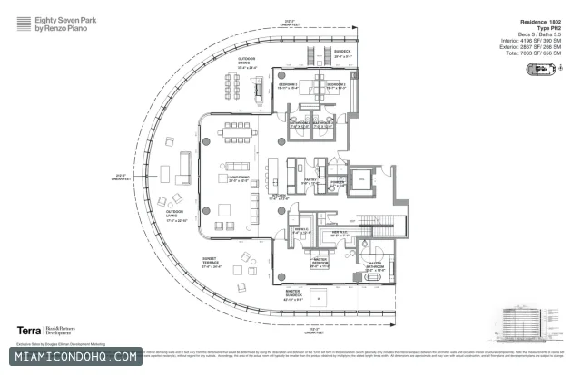 Eighty Seven Park floor plan Residence 1802 · 3 bedrooms