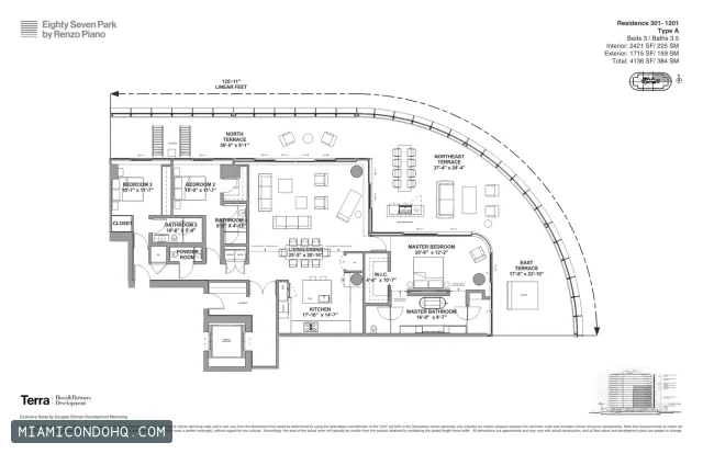 Eighty Seven Park floor plan Residence 301 · 3 bedrooms