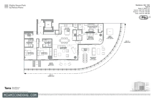Eighty Seven Park floor plan Residence 302 · 3 bedrooms