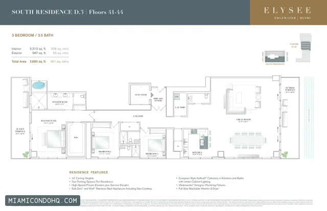 Elysee Miami floor plan 3 bedrooms
