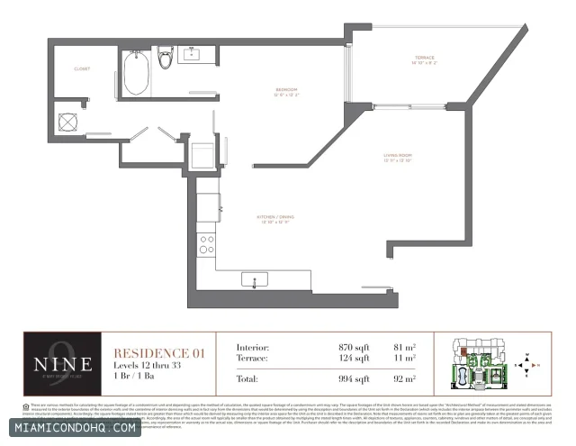 NINE at Mary Brickell Village floor plan Residence 01 · 1 bedroom
