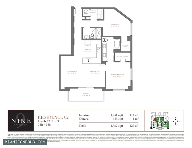 NINE at Mary Brickell Village floor plan Residence 02 · 2 bedrooms