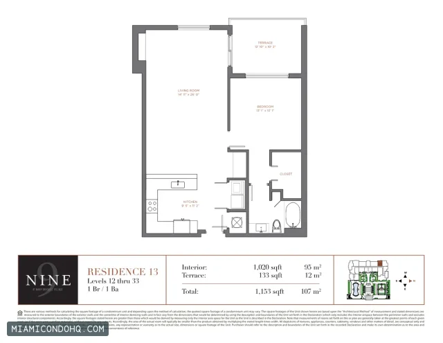 NINE at Mary Brickell Village floor plan Residence 13 · 1 bedroom