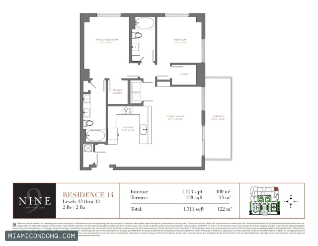 NINE at Mary Brickell Village floor plan Residence 14 · 2 bedrooms