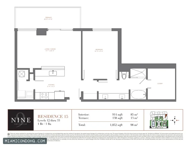 NINE at Mary Brickell Village floor plan Residence 15 · 1 bedroom