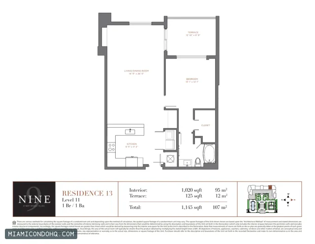 NINE at Mary Brickell Village floor plan Residence 13 · 1 bedroom