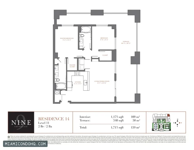 NINE at Mary Brickell Village floor plan Residence 14 · 2 bedrooms