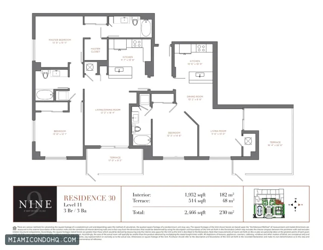NINE at Mary Brickell Village floor plan Residence 30 · 3 bedrooms