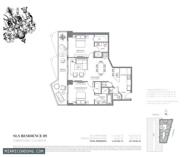 SLS Brickell floor plan Residence 09 · 2 bedrooms