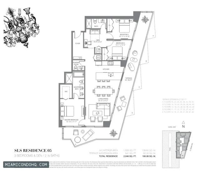 SLS Brickell floor plan Residence 05 · 3 bedrooms