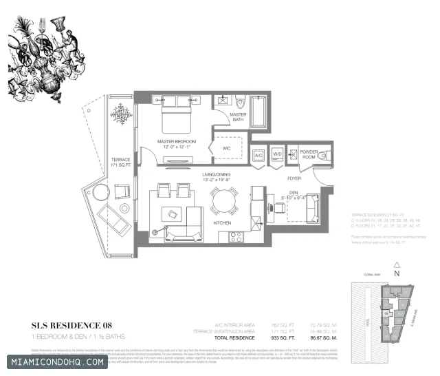 SLS Brickell floor plan Residence 08 · 1 bedroom