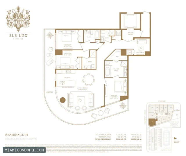 SLS Lux floor plan Residence 01 · 3 bedrooms