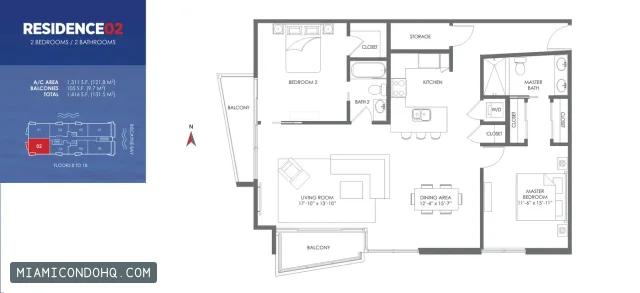 The Crimson floor plan Residence 02 · 2 bedrooms