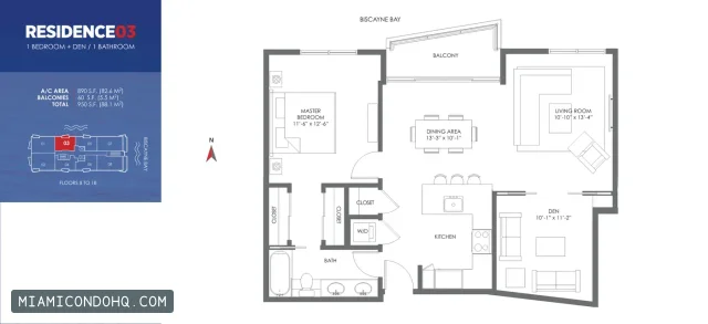 The Crimson floor plan Residence 03 · 1 bedroom