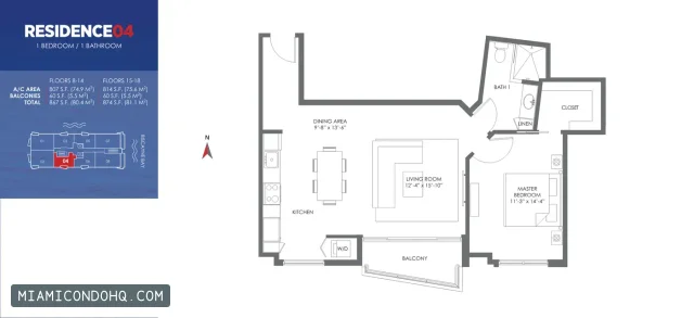 The Crimson floor plan Residence 04 · 1 bedroom