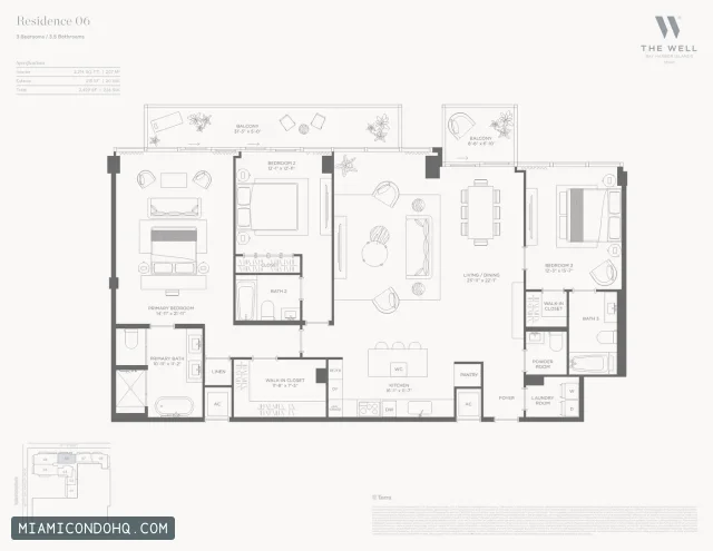 THE WELL Bay Harbor floor plan Residence 06 · 3 bedrooms