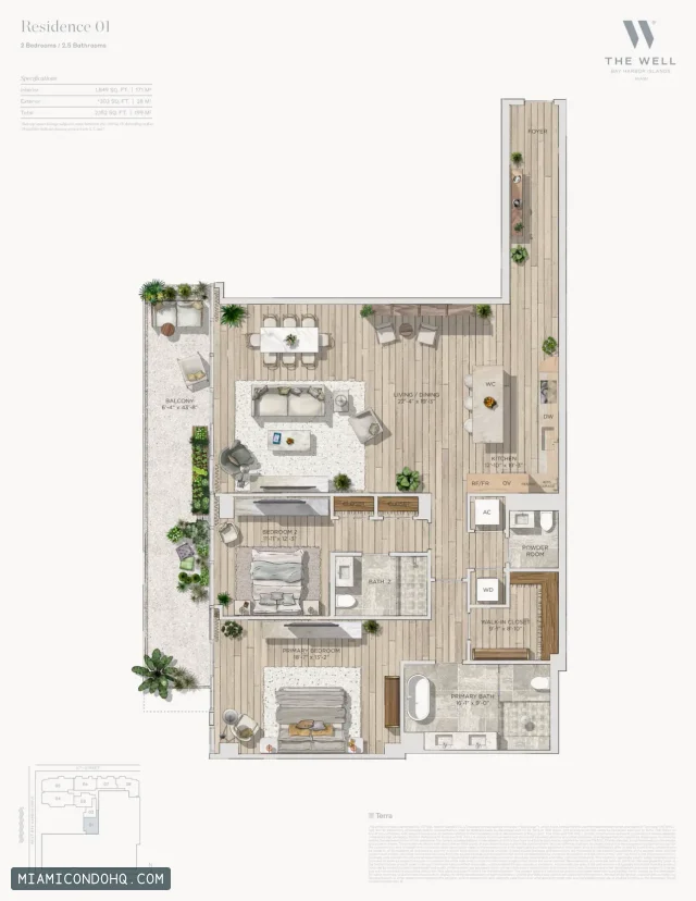 THE WELL Bay Harbor floor plan Residence 01 · 2 bedrooms