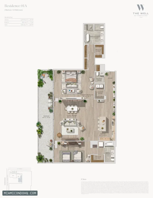 THE WELL Bay Harbor floor plan Residence 01A · 2 bedrooms